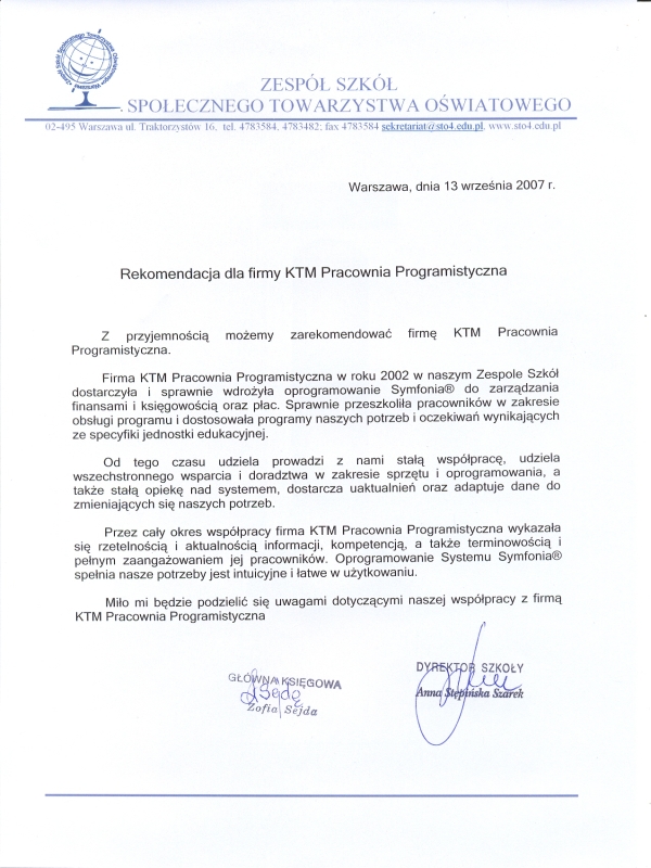 Referencje od Zesp Szk Stoecznego Towarzystwa Owiatowego w Warszawie